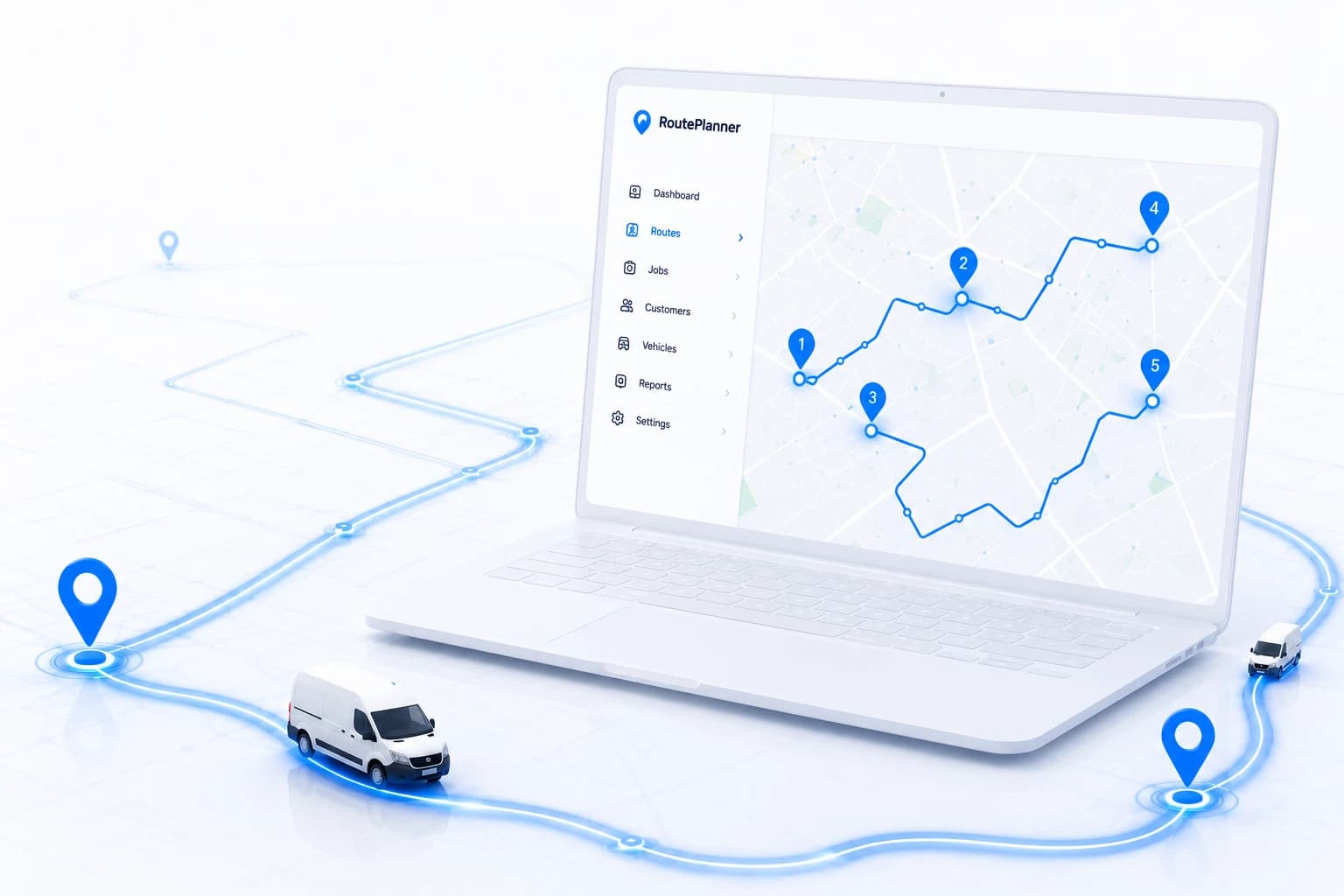 Route Planner Background for Features page depicting a service vans driving on a route with a laptop showing a rendering of Route Planner